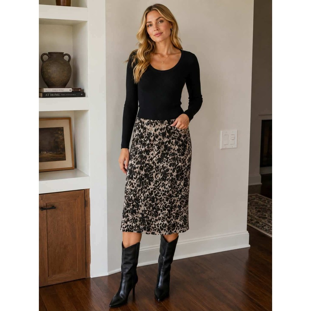 Jones New York Collection Leopard Print Knit Midi Skirt XL Black Gray Animal